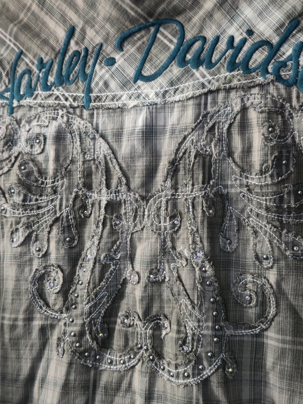 Harley-Davidson Gray Plaid Button Down Shirt with Teal Embroidered Logo Size 3W